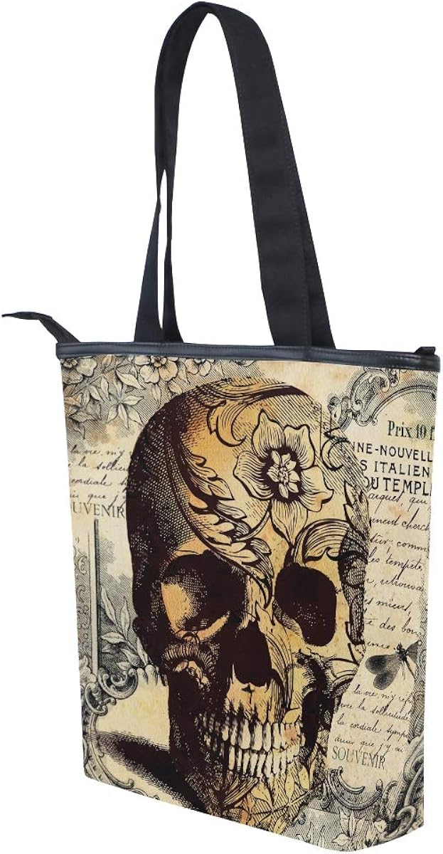 Mnsruu Large Canvas Handbag Beach Tote Bag,Travel Shopping Shoulder Bag,Retro Skull Flower Letter Summer Holiday Handbag for Women Lady Girl - Image 4