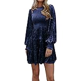 R.Vivimos Women's Fall Winter Crushed Velvet Dress Long Sleeve Crew Neck Elastic Smocked A-Line Tiered Ruffle Mini Dress