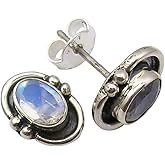 SilverStarJewel Oval Rainbow Moonstone Stud Earrings 0.4" Sterling Silver New Jewelry