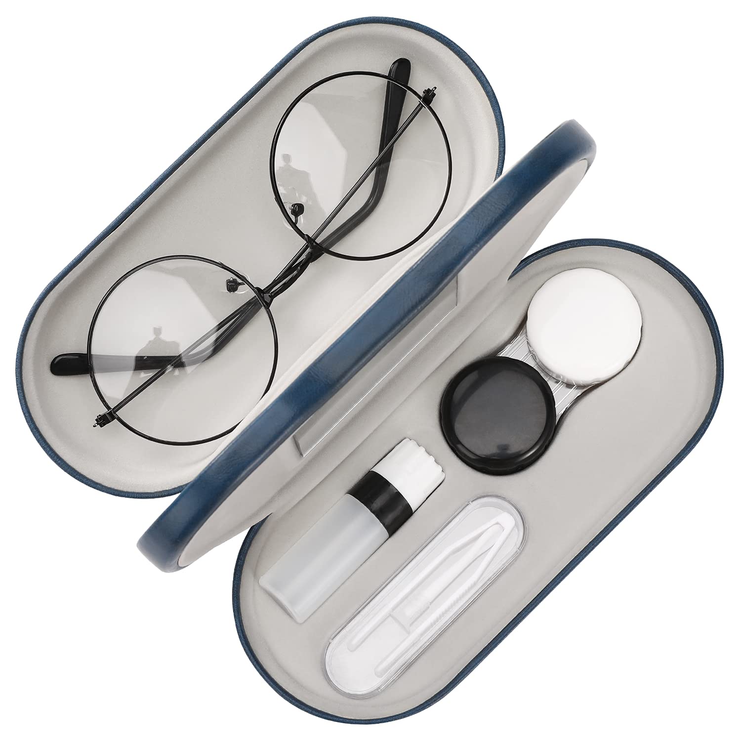 MoKo Double Eyeglass Case, 2 in 1 Double Sided Portable Glasses Case Contact Lens Case with Mirror Eye Glasses Carrying Bag Anti-Scratch Sunglasses Pouch Protective Eyewear for Men & Women, Blue