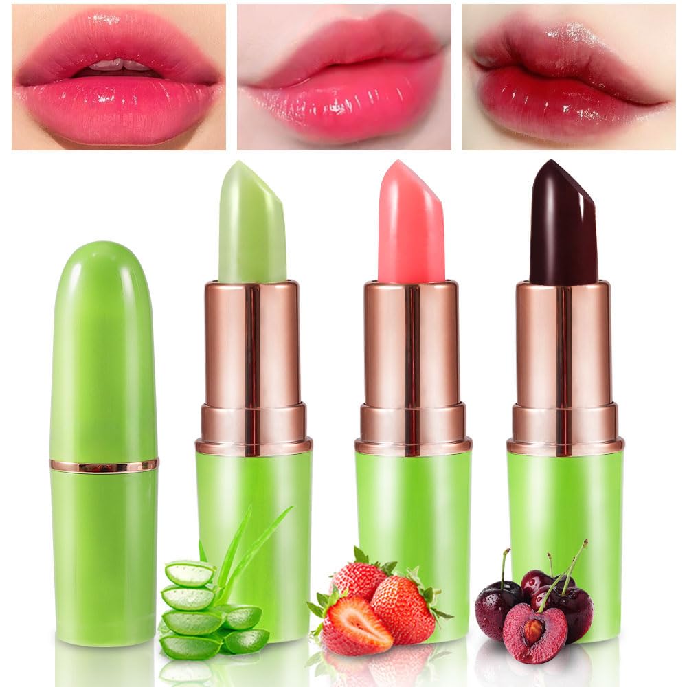 BINGBRUSH Aloe vera Color Changing Lipstick,Moisturizer Long Lasting Lip Care Magic Lip Gloss,Mood Makeup Lipstick Set,24 hours original(3Pcs Aloe+Strawberry+Cherry, 3 Count (Pack of 1))
