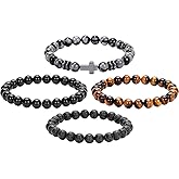 Crystery Men Beaded Bracelets, 8mm Natural Stone Bracelet, Healing Crystal, Jewelry Gifts for men, Triple Protection, Tiger Eye, Black Obsidian Beads Bracelets, Lava Rock, Pack of 4