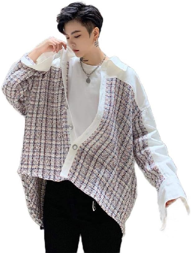 Desyaiw Men Turn-Down Collar Plaid Contrast Color Block Tweed Shirt Outwear Jacket