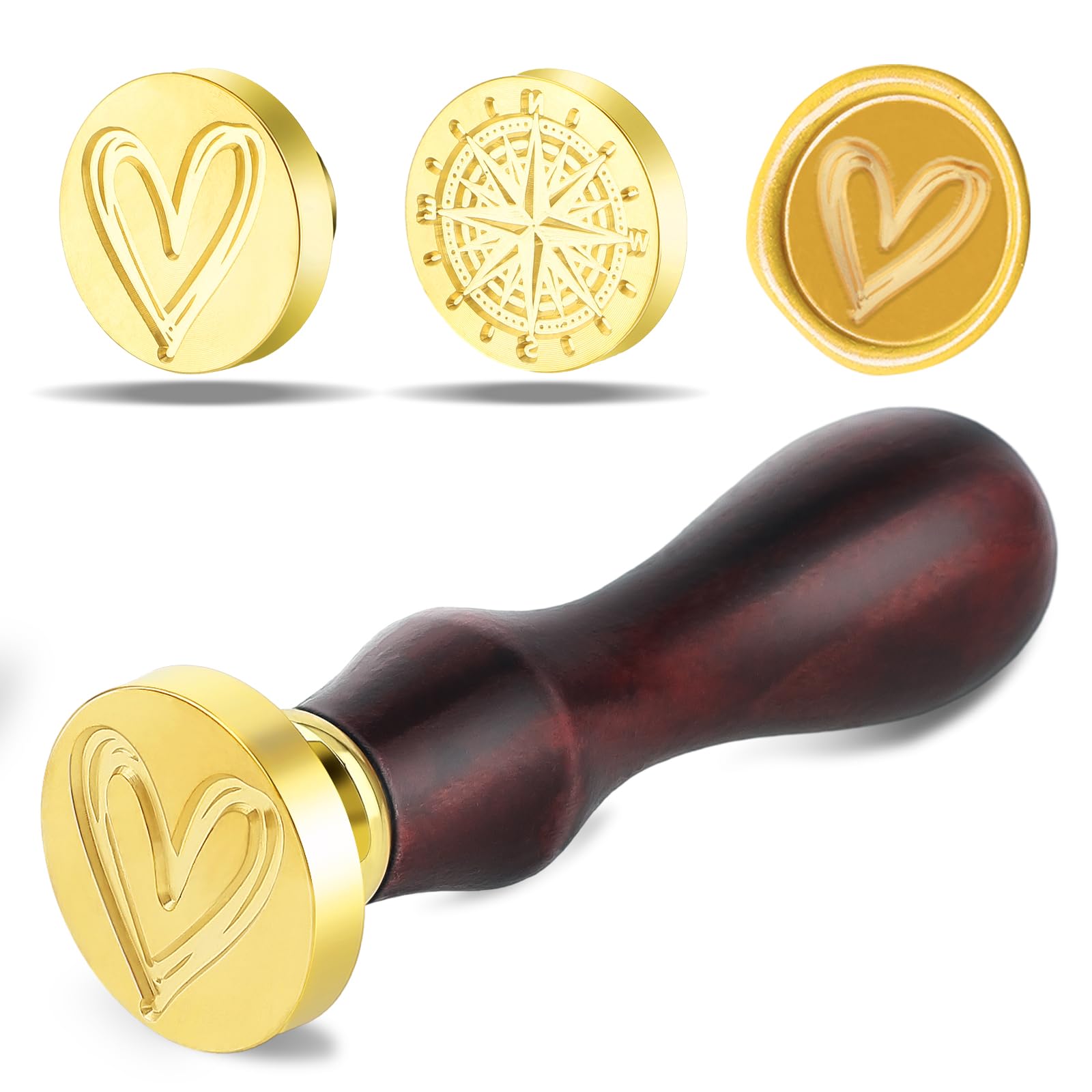Amabro Wax Seal Stamp, 2PCS Vintage Removable Brass Head 1PCS Retro Rosewood Handle Sealing Wax Stamp for Wedding Party Invitation Gift Wrap Envelope Christmas Thanksgiving Card(Heart, Compass)
