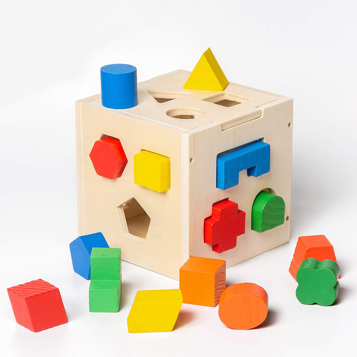 Buy Highttoy Shape Sorter Cube,15 Holes Wooden Shape Sorter Toys for