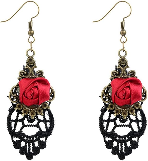 Women Red Rose Flower Earrings - Gothic Lace Fishhook Drop Earrings