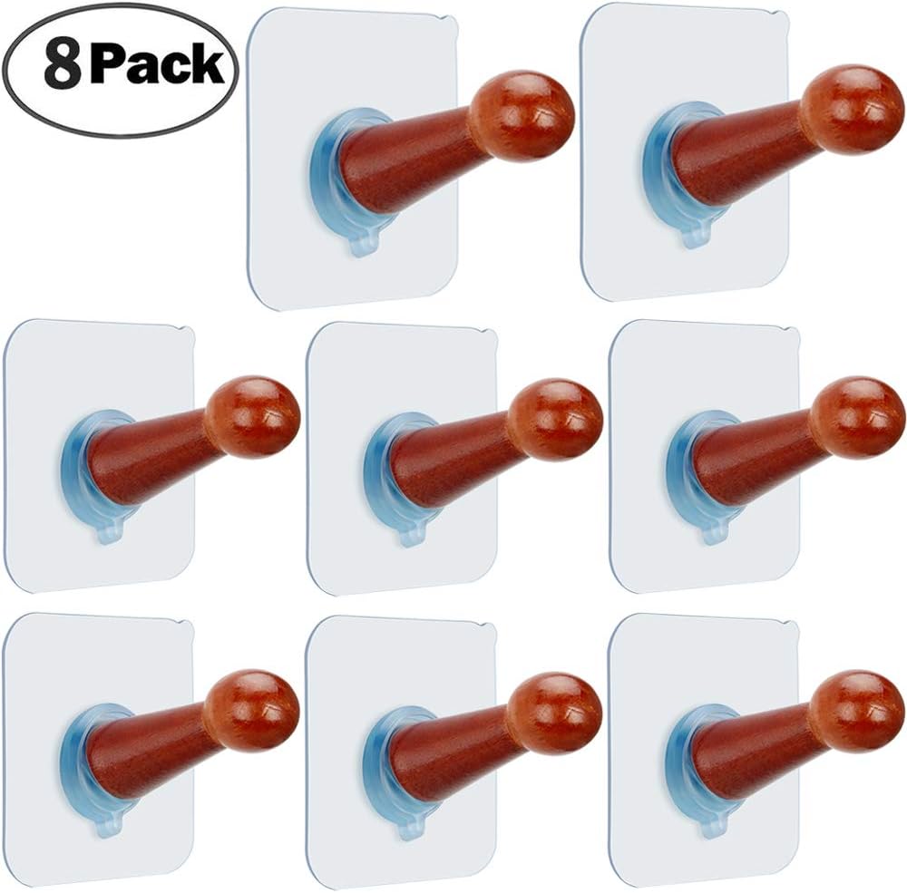 Self Adhesive Hooks Hat Hooks for Wall Wooden Pegs Handmade Craft Hat Rack Hooks Baseball Cap Wall Hanger- Bathroom Door Cloest Entryway Wardrobe-8 Pack