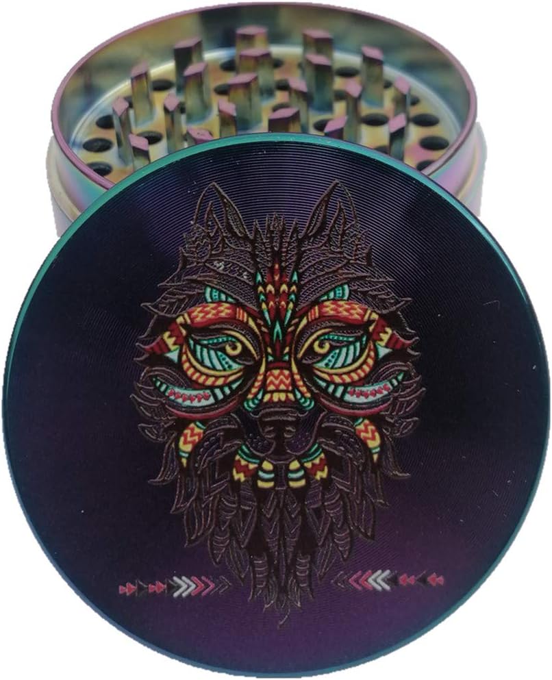 Engshwn New Design Rainbow 2.2 inches 4 Piece Durable Zinc Alloy Tobacco Herb Spice Grinder with Laser Flowers (Wolf)