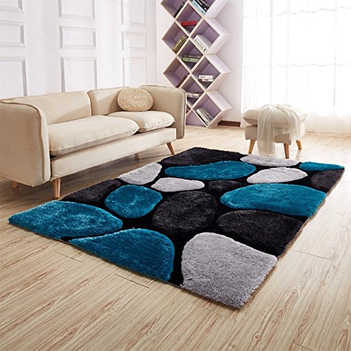 Buy NEW TEAL BLACK SILVER PEBBLES DESIGN LUXURIOUS THICK PILE RUG