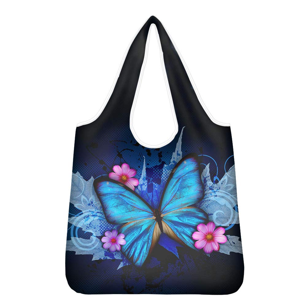 Pizding Shopping Storage Tote Bags Reusable Grocery Bags With Pouch Unique Gift Bags Washable Rip Stop Fabric Durable Light Weight Blue Vintage Butterfly Maple Leaf Flowers Design