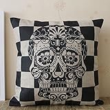 LINKWELL 18inches Black Grid Skull with Cross in the Forehead Halloween All Hallows' Eve Burlap Square Cushion Cover Pillow Case Mexican Day of the Dead Calavera All Souls Day Dia De Muertos