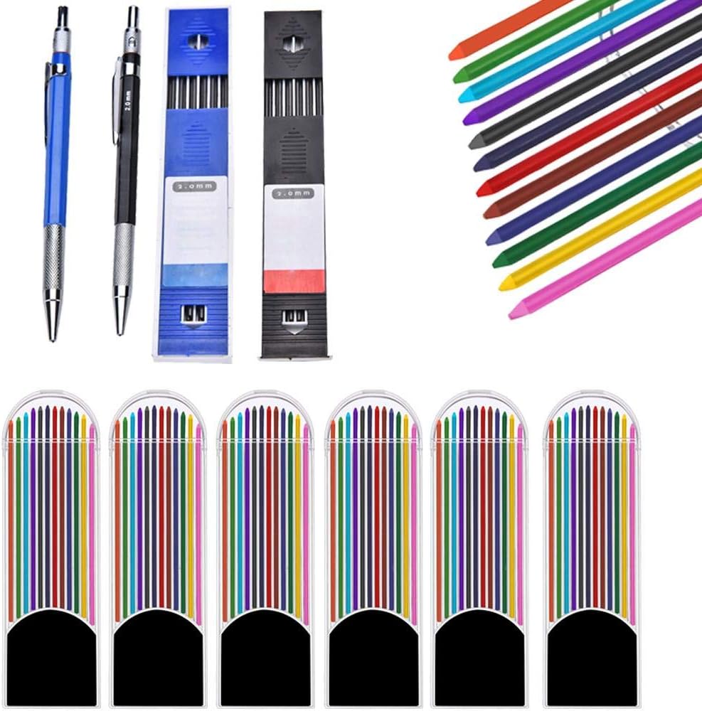 OBANGONG 2 Pcs 2.0 mm Mechanical Pencils with 6 Pcs Colored Lead Refills 2 Pcs Black Lead Refills for Writing Draft Drawing Crafting