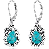 Lvoryance Vintage Filigree Turquoise Dangle Earrings 925 Sterling Silver Oxidized 4 * 6mm Teardrop Genuine Turquoise Earrings Jewelry Gift for Women