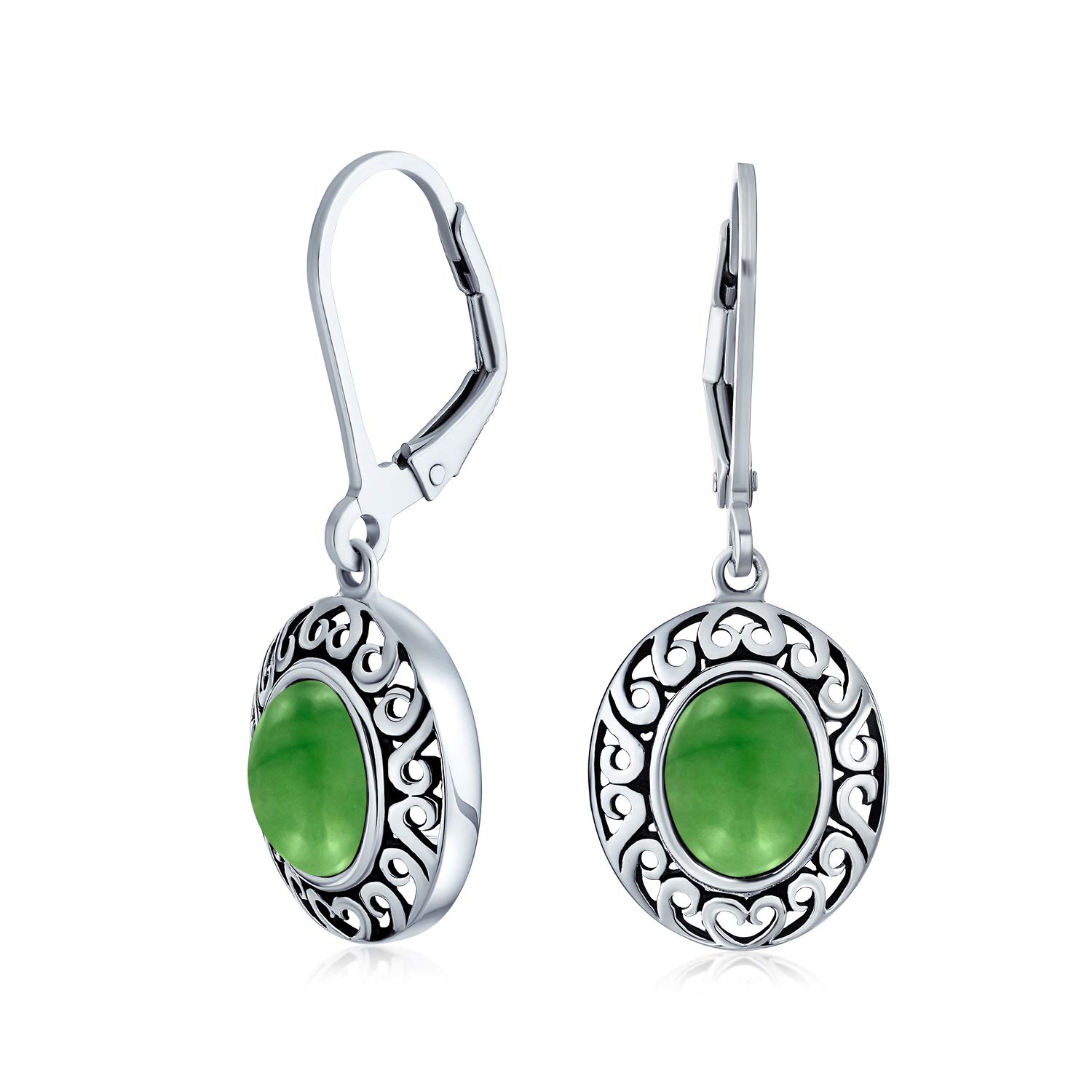 Western Style Dyed Quartz Simulated Green Jade Gemstone Oval Bezel Set Lever Back Dangle Earrings For Women .925 Sterling Silver