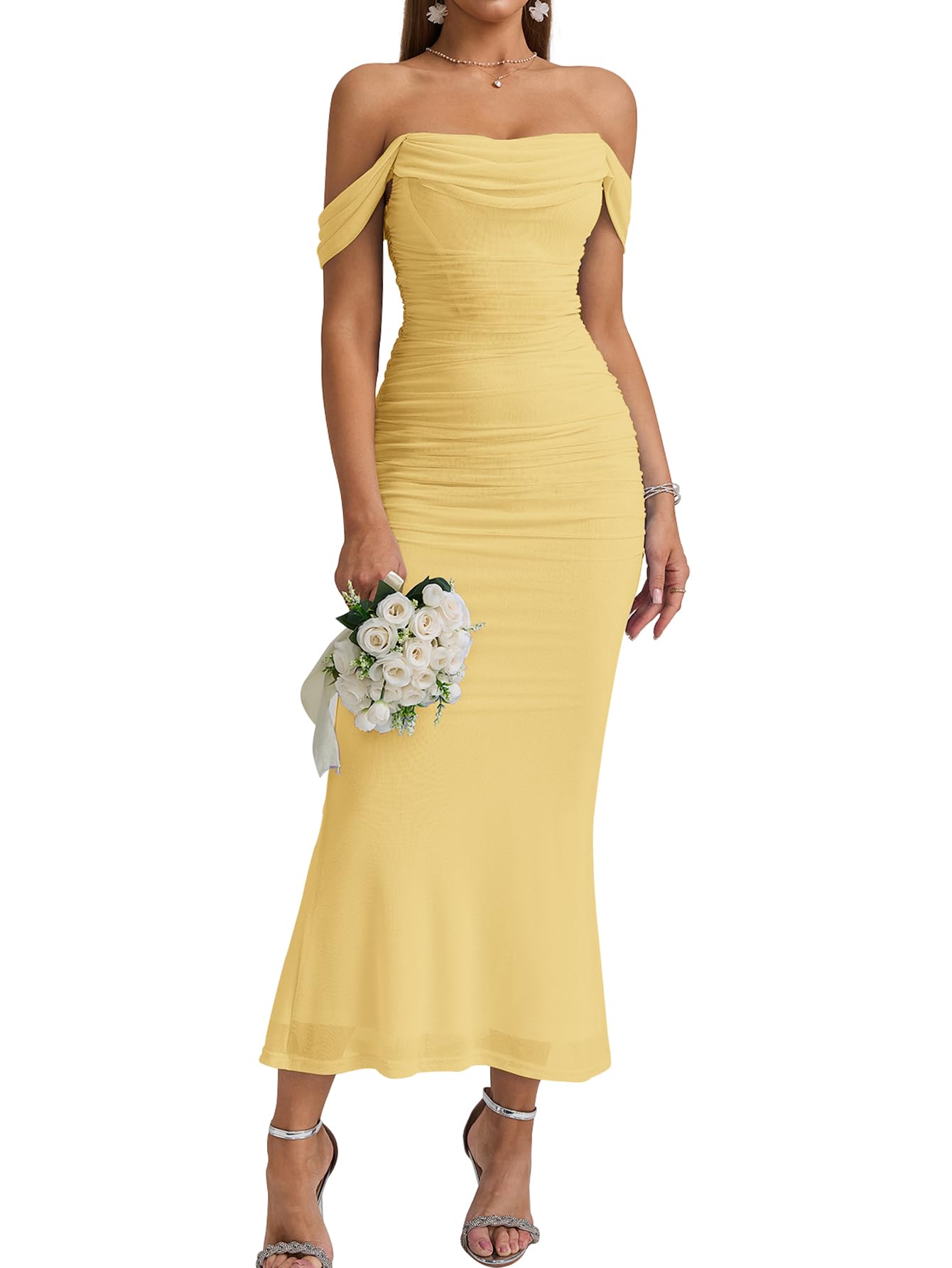 Photo 1 of KUTUMAI Off The Shoulder Maxi Long Dress Corset Ruched Bodycon Formal Wedding Guest Dresses for Women Yellow XS