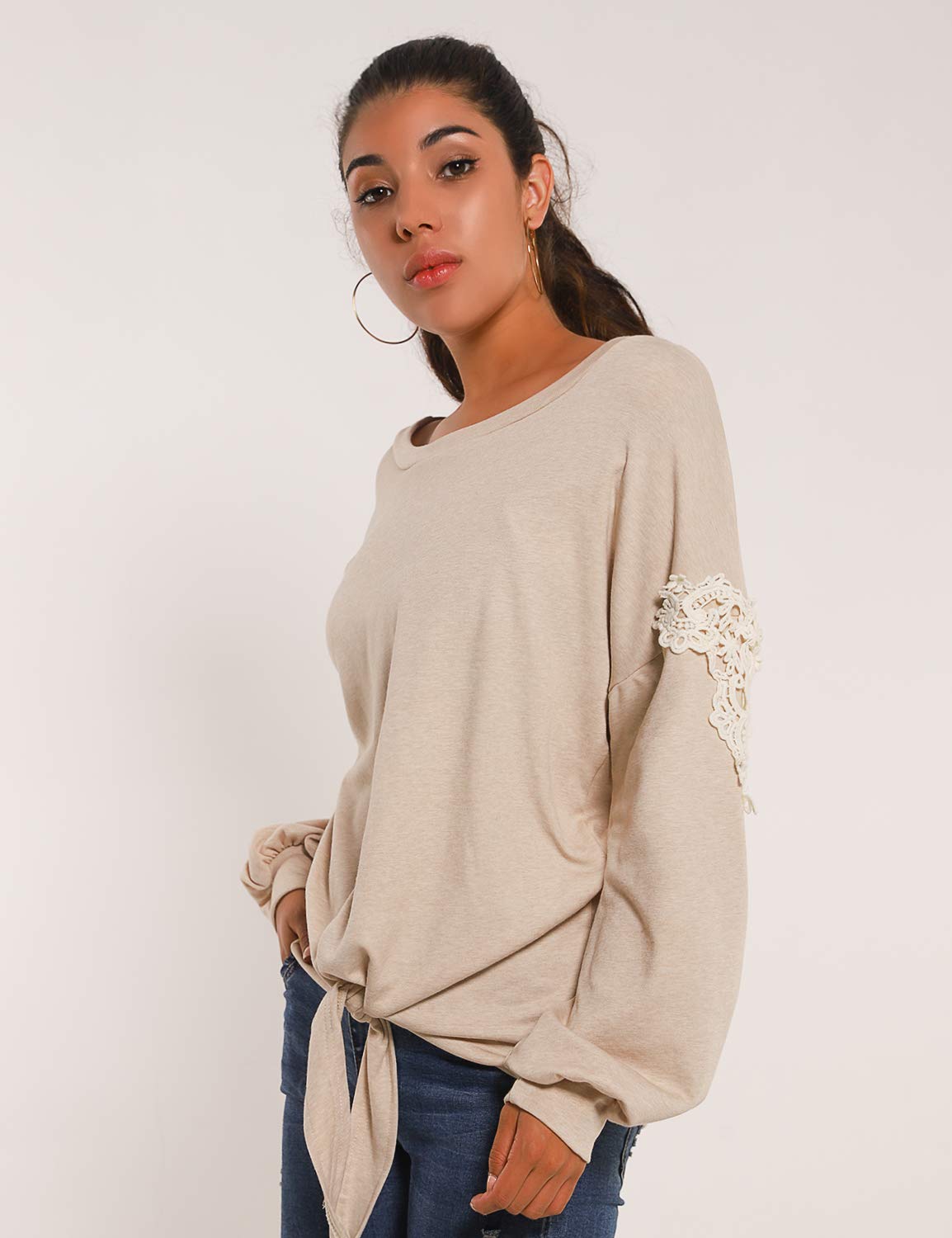 Blooming Jelly Womens Tie Knot Shirts Lantern Sleeve Round Neck Lace Top Blouse(M,Apricot)