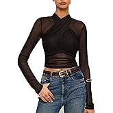 Long Sleeve Mesh Crop Tops for Women Criss Cross See Through Black Sheer Ruched Blouse Sexy Slim Fit Tee Shirt