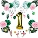 Flamingo Banner Birthday Decorations Baby Girls 1st Birthday Party Number One Balloon Summer Hawaiian Luau Tropical Party Wedding Hanging Decorations, Pink Green Gold, All in One Pack, Easy Joy