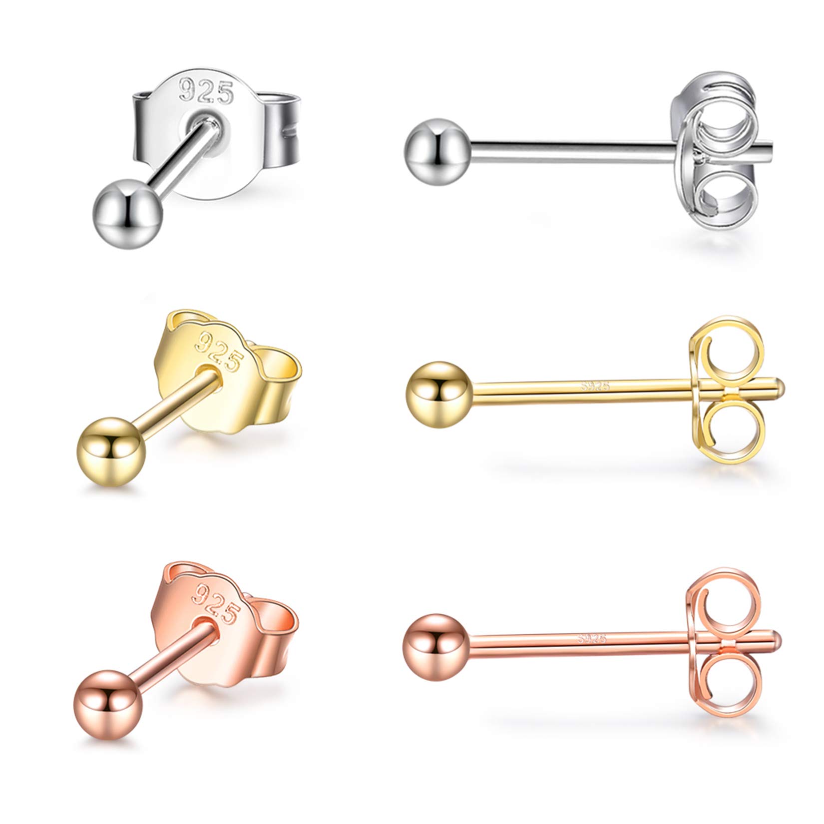 CERSLIMO Silver Stud Earrings for Women Men Girls, 3 Pairs Sterling Silver Tiny Ball Stud Earrings Small Dot Studs Dainty Cartilage Tragus Sleeper Earrings Set (2mm, Silver/Gold/Rose Gold)