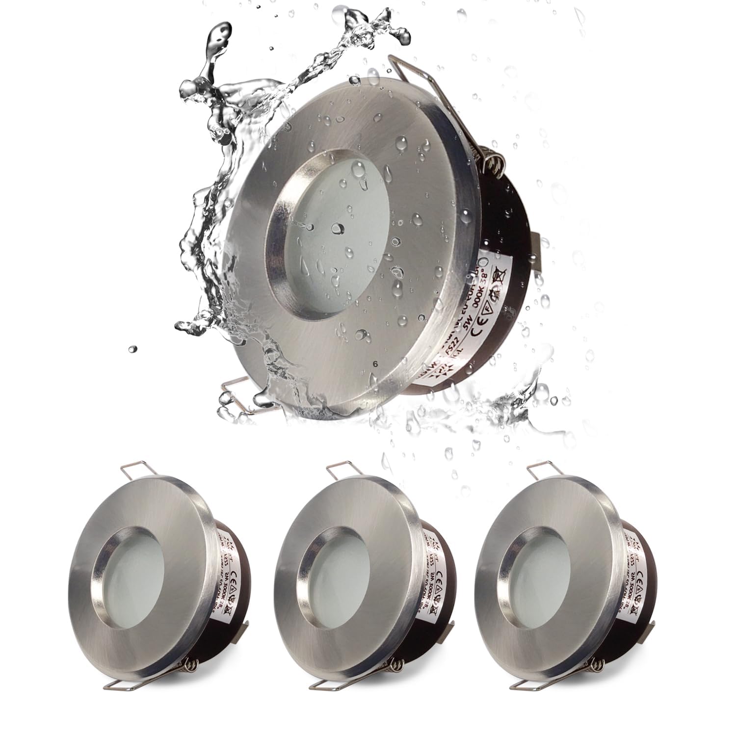 4XSweier IP65 Waterproof Recessed Downlight with GU10 Base for Bathroom and Kitchen Ceiling Spotlights Incl. GU10 lamp Holder (Bulb not Included), Satin Nickel, Cut-Out 68mm