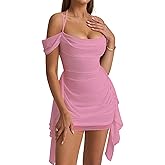 KUTUMAI Women Sexy Bodycon Mini Dress Ruffle Mesh Ruched Short Homecoming Party Club Dresses