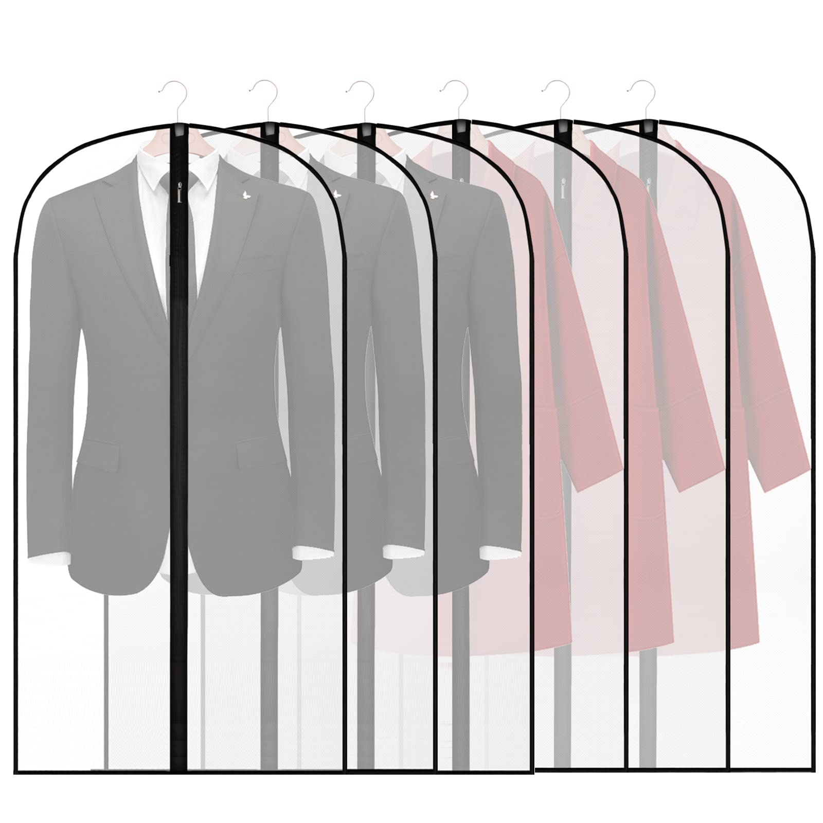 6Pack Breathable Clothes Covers with Zip, 60 x 120cm Hanging Garment Covers Bags, Moth-Proof Storage Bag for Men Suit, Dress Bag Covers, Dust Cover for Wardrobe Storage and Travel, Clear