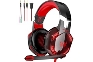 VersionTECH. G2000 Gaming Headset, Bass Surround Gaming Headphones with Noise Cancelling Mic, LED Lights, Soft Memory Earmuffs for PS5/ PS4/ Xbox One Controller/Laptop/PC/Mac/Nintendo NES Games-Red