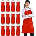 Syntus 12 Pack Bib Apron, Unisex Aprons Adjustable Waterdrop Resistant with 2 Pockets Cooking Kitchen Apron for Chef, BBQ Drawing Apron Bulk, Red
