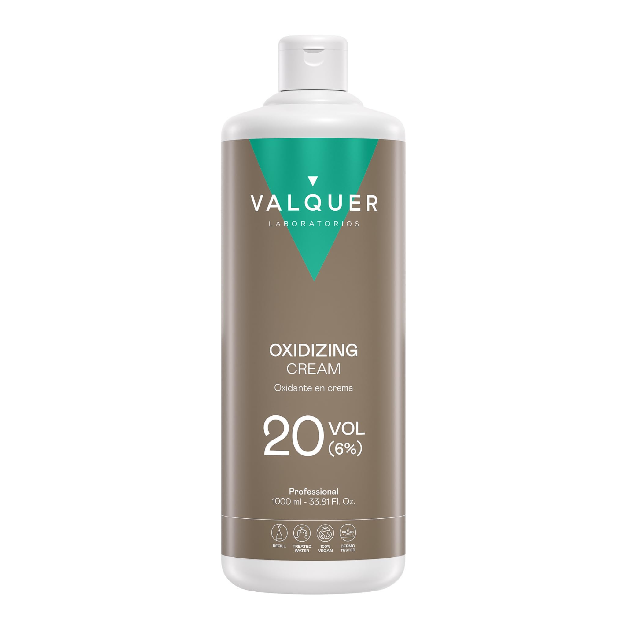 VALQUER Stabilized Hydrogen Peroxide Cream 20 Volume 6%, Oxidizer for Permanent Hair Coloring and Bleaching. Vegan Formulation with Natural Ingredients. Professional Use. 1L.