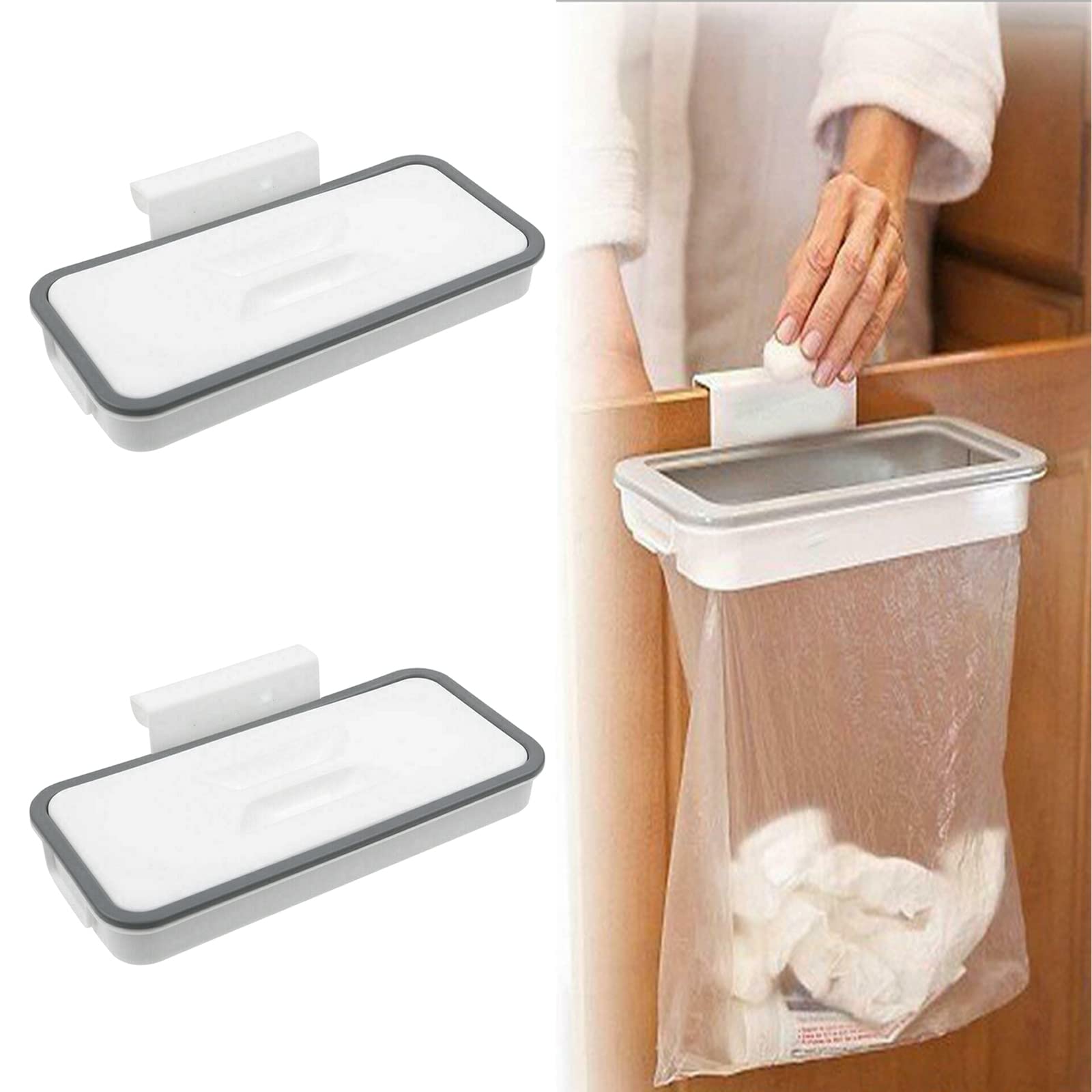 NC Hanging Trash Can, 2 PCS Gray Plastic, PP Material, Sturdy & Portable, 1 Pound Capacity, Cabinet Door Garbage Holder with Lid