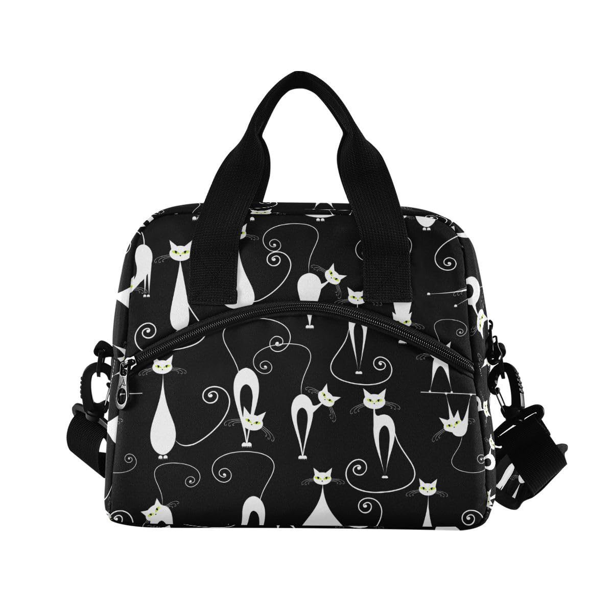 ALAZA Lunch Bags for Women Girls Boys, White Cats On Black Insulated Lunch Box with Shoulder Straps and Handle, Crossbody Tote Lunch Bag for School Office