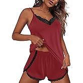 Ekouaer Pajama Sets for Women Lace Lingerie Summer Sleepwear 2 Piece Cami Shorts Set Soft Comfy Pj Cute Nightwear Wine Red M