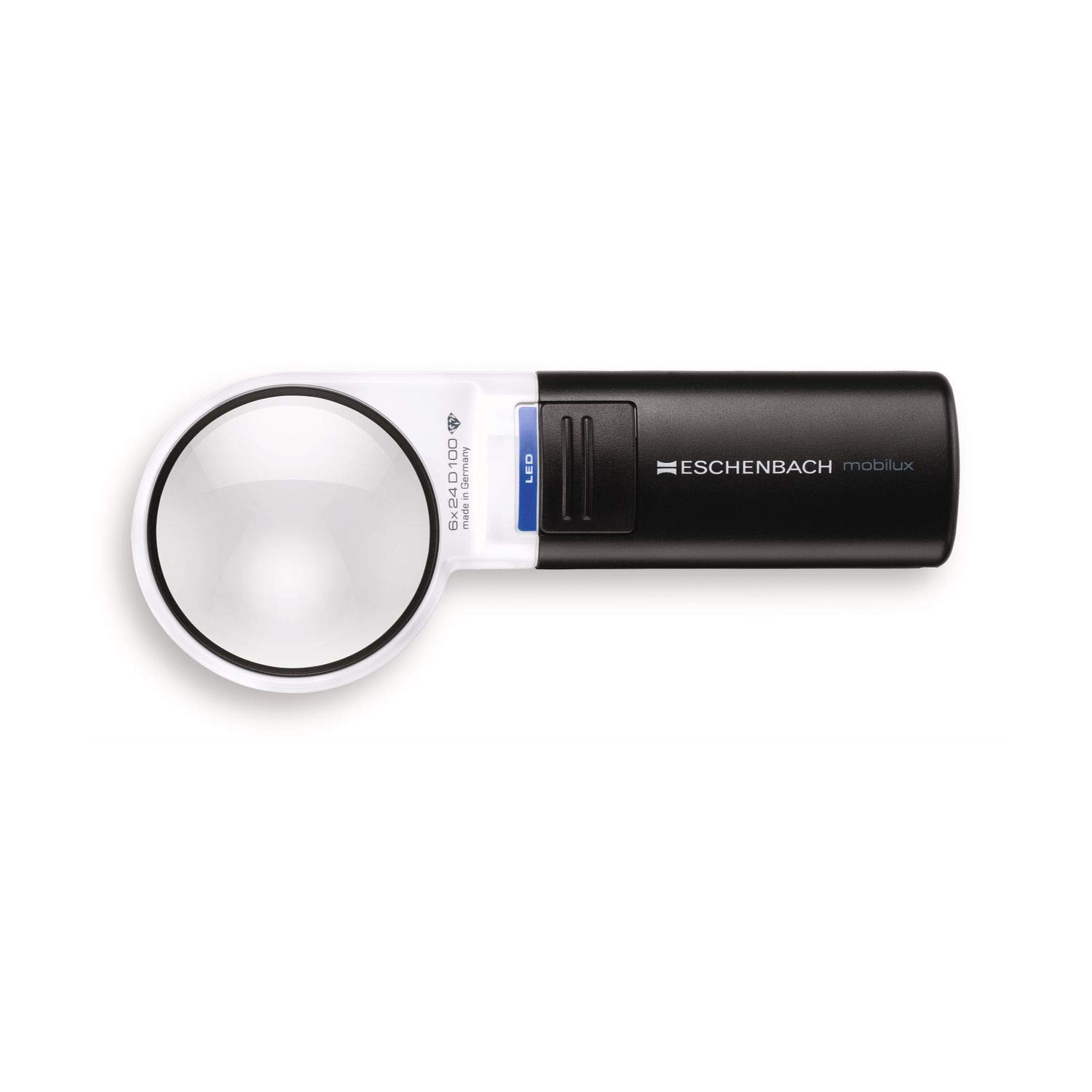 Illuminated Pocket Magnifier mobilux LED [Eschenbach 15116] Aspheric PXM® Lightweight Lens, Dimensions Lens: Ø 58 mm, Magnification: 6X, Dioptre: 24