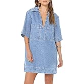 Fisoew Womens Denim Shirt Dress Summer Collared V Neck Mini Casual Jean Dresses with Pockets