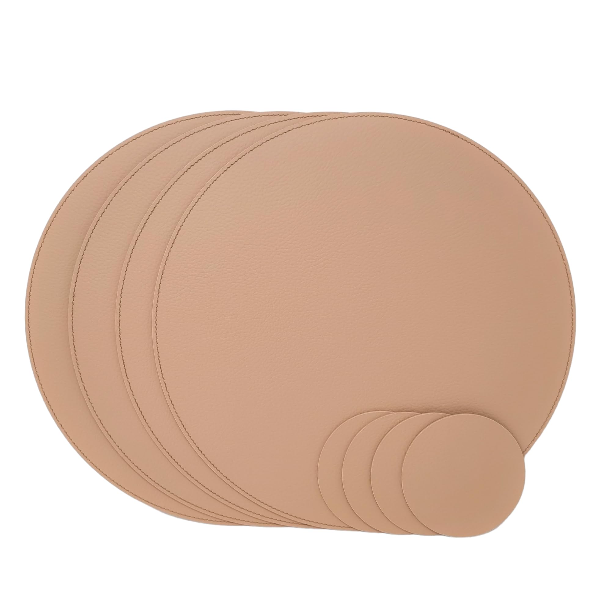 Nikalaz Recycled Leather Round Placemats and Coasters, Set of 4 Placemats 33 cm and 4 Coasters 10 cm (Camel)