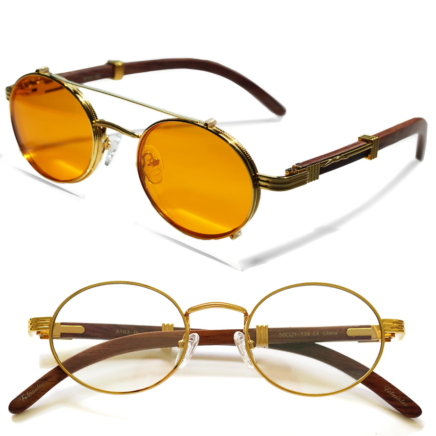 Photo 1 of SEE NOTES AND PICTURES ,,,,,,,,,Fa.Beau.Lux Premium Clear Round Blue Light Blocking Glasses with Wood Temple, Clip-On Compatible Frame, Unisex Design (Gold Amber Orange Night Blue Blocker)