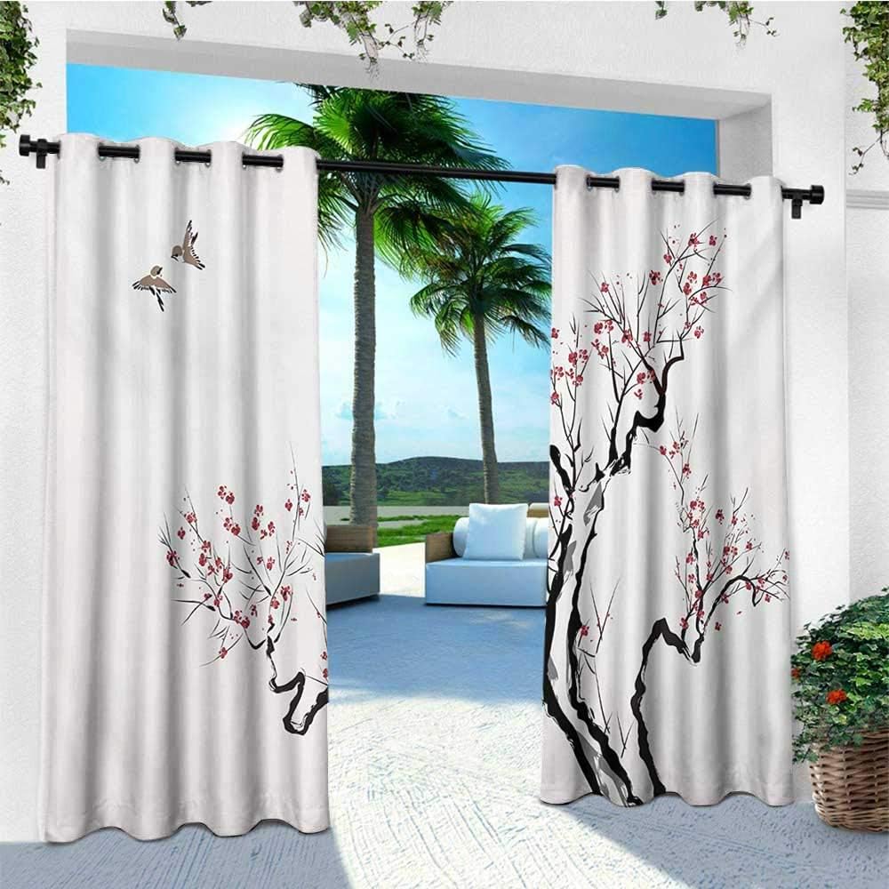 leinuoyi Floral, Outdoor Curtain Panels Set of 2, Classic Asian Paint Style Artwork Flower Branches Blossom and Flying Birds Pattern, for Pergola W96 x L96 Inch Grey White