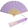 SL crafts 50pcs Paper Hand Fan with Organza Bags Bamboo Handheld Folding Fan DIY Decorative Wedding Party Favors (Light Purple)
