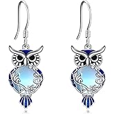 Owl Earrings for Women Sterling Silver Moonstone/Black Onyx/Lapis Lazuli/Jade/Turquoise Dangle Leverback Earrings Jewelry Gifts for Women