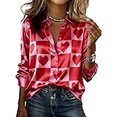 Valentines Day Outfit Women 2026 Cute Heart Print Long Sleeve Button Down Satin Shirts Date Night Tops for Women