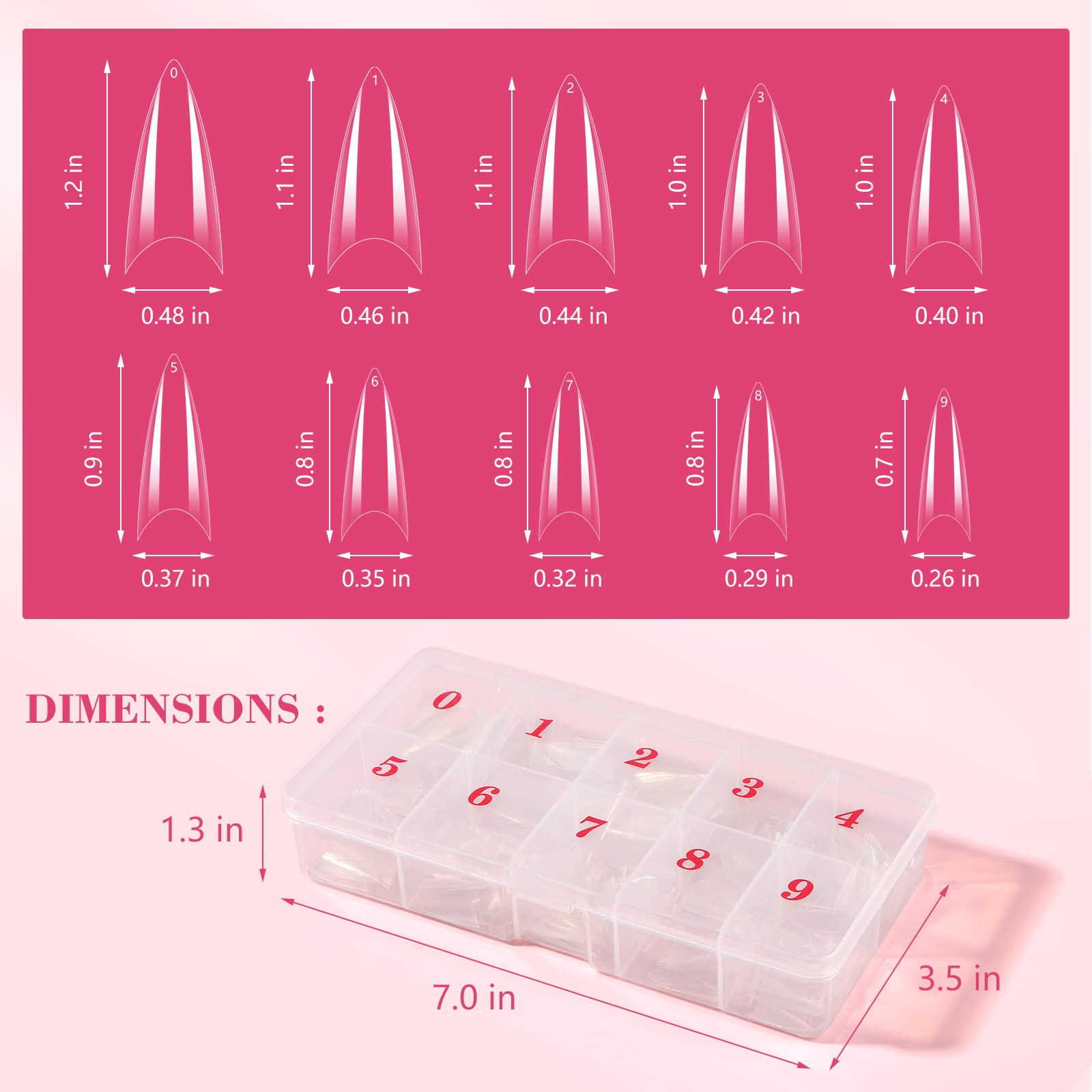 Quaferen Clear Stiletto Nail Tips, 500PCS Half Cover Soft Gel Nail Tips Medium Stiletto False Nails Almond Shape Curved Nail Tips for Acrylic Nails Salon Home DIY with Box 10Sizes - Image 5