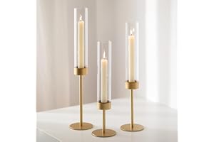 Glass Hurricane Candlestick Holders Gold - Romadedi Taper Candle Holder Tall Clear Glass Cylinder Table Centerpiece Wedding Decor Party Birthday Christmas Home Decorations Set of 3