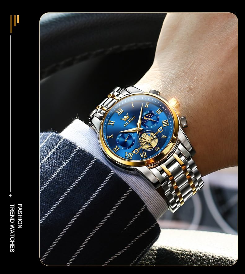 OLEVS Watches Men Waterproof Luxury Big Face Mens Watch Stainless Steel Quartz Analog Dress Watches for Men Luminous Multifunction Man Watch Relojes De Hombre