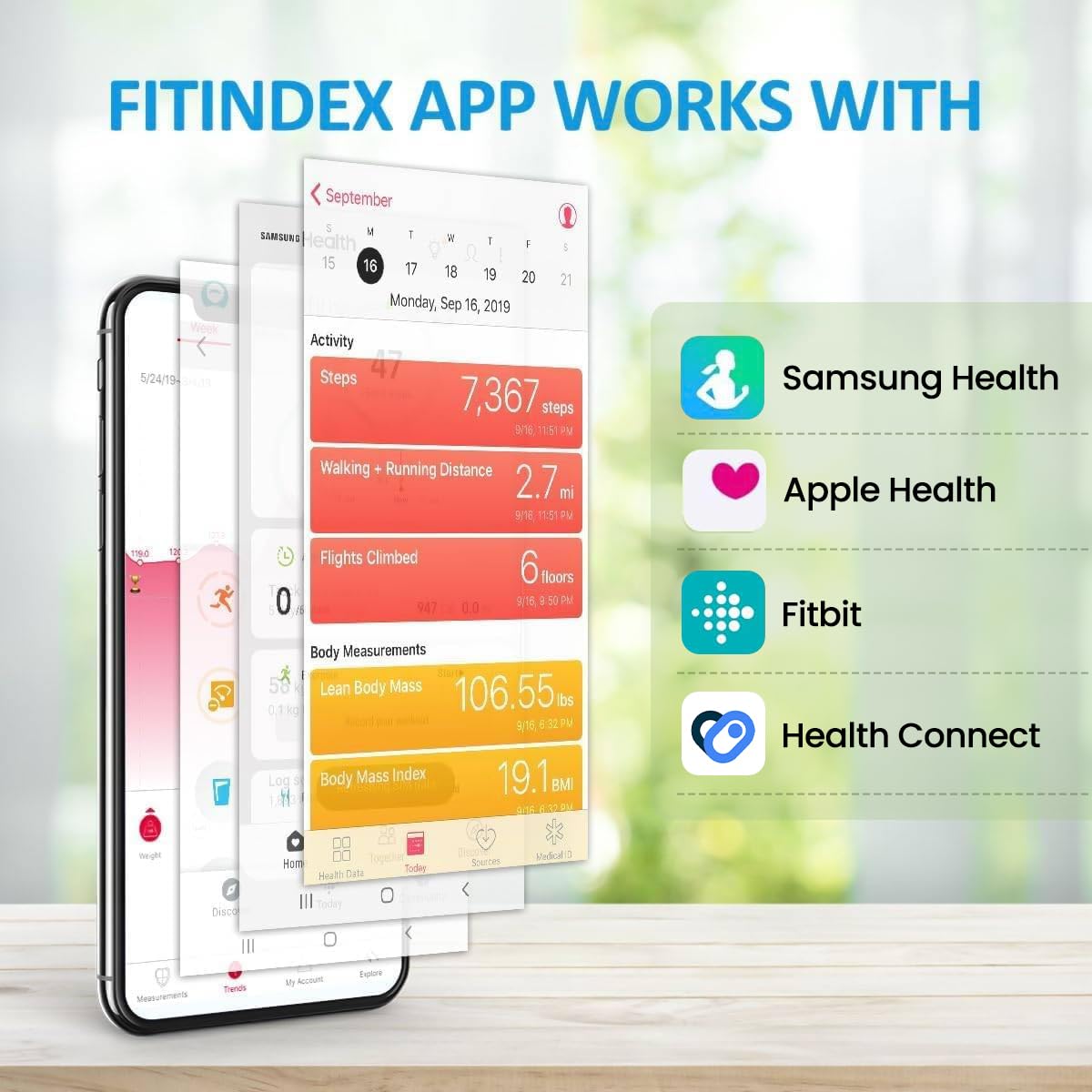 FITINDEX Scale with BMI, Body Fat, Muscle Mass, Smart Scale for Body Weight, Bluetooth, Digital, Sync with App, User Health Equipment