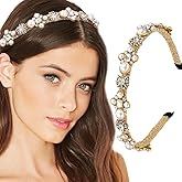 Firuilo Gold Pearl Headband Baroque Rhinestones Hairband Crystal Flower Hair Hoop with Beaded Hair Ties Thin Headbands for Women and Girls (Gold, One Size-A)