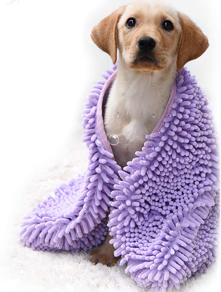 BLEVET Pet Bath Towel Super Absorbent Hand Pockets Grooming Drying Towel Cleaning Bathing Tool for Dog Puppy Cat MZ082 (S:35x60cm, Purple)