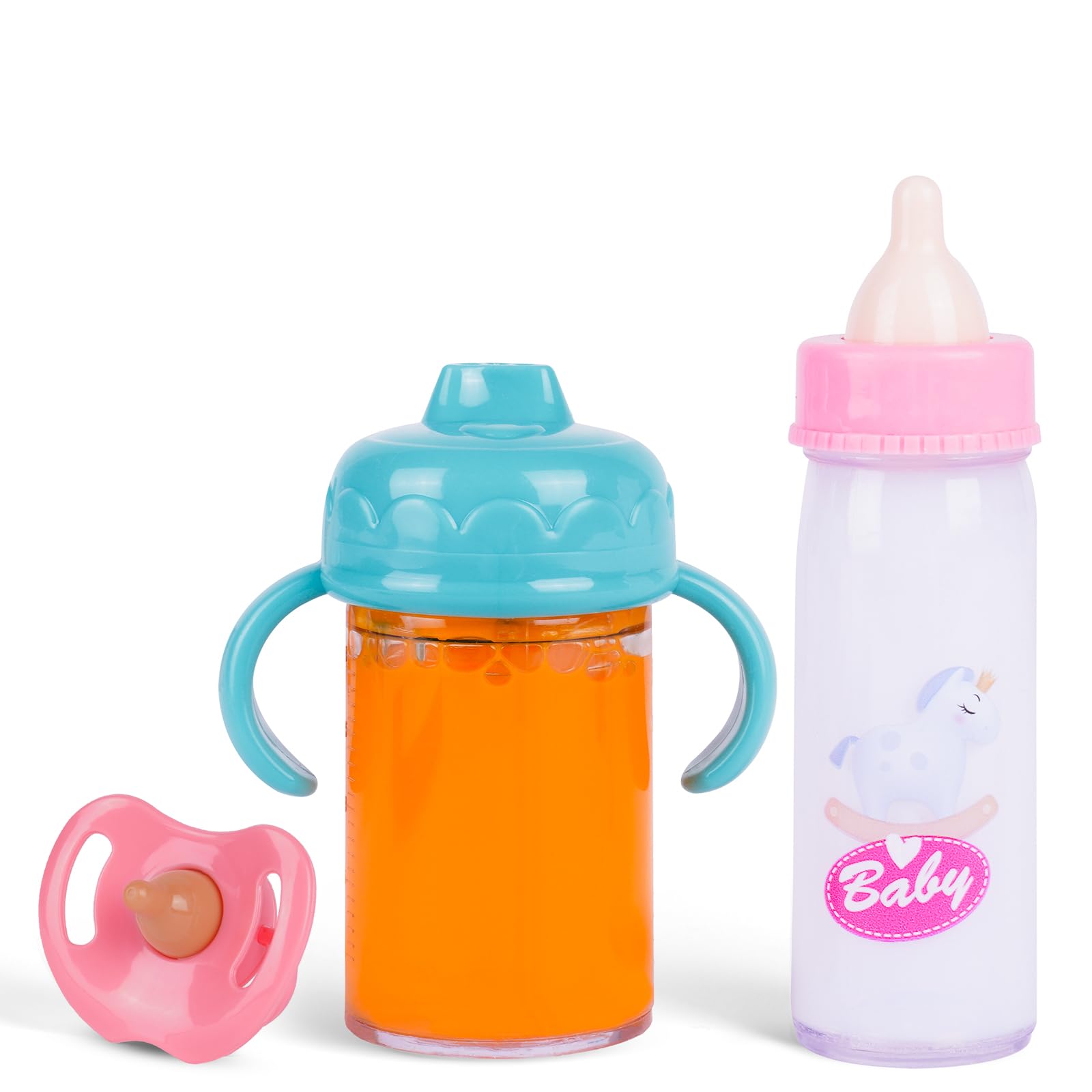 Aolso Magic Baby Doll Milk Bottle and Dummy, 2 Pcs Magic Milk Bottles and 1 Pcs Dummy, Baby Doll Feeding Set, Easy for Small Hands, Gift for Boy and Girl（Pink）