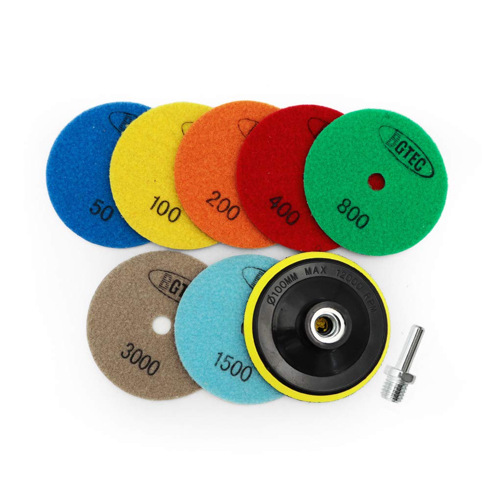 BGTEC 100mm Diamond Dry Polishing Pads for Granite Marble Mixed Grits 7pcs Pads with 1pc M14 Plastic Backer and 1pc Round Shank Adapter