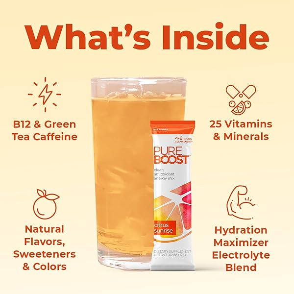 PUREBOOST CLEAN ENERGY BOOSTER, REFRESHING ENERGY DRINK MIX WITH B12 VITAMINS, ELECTROLYTES, ANTIOXIDANTS, SUGAR-FREE WITH NO SUCRALOSE (COMBO PACK, 10 COUNT)