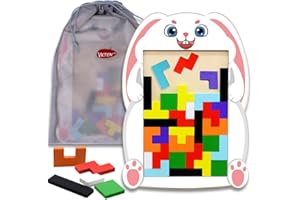 VKTEN Easter Bunny Wooden Blocks Puzzle Brain Teasers Toy Tangram Jigsaw Intelligence Tetris Game STEM Montessori Toys Easter Basket Stuffers
